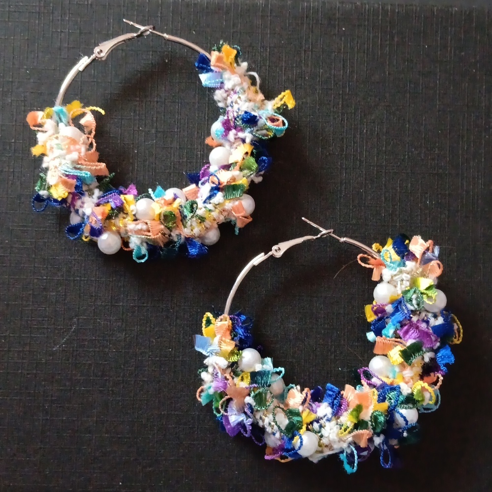 💜HP! Boho Fabric Scrap & Faux Pearl Hoop Earrings New!